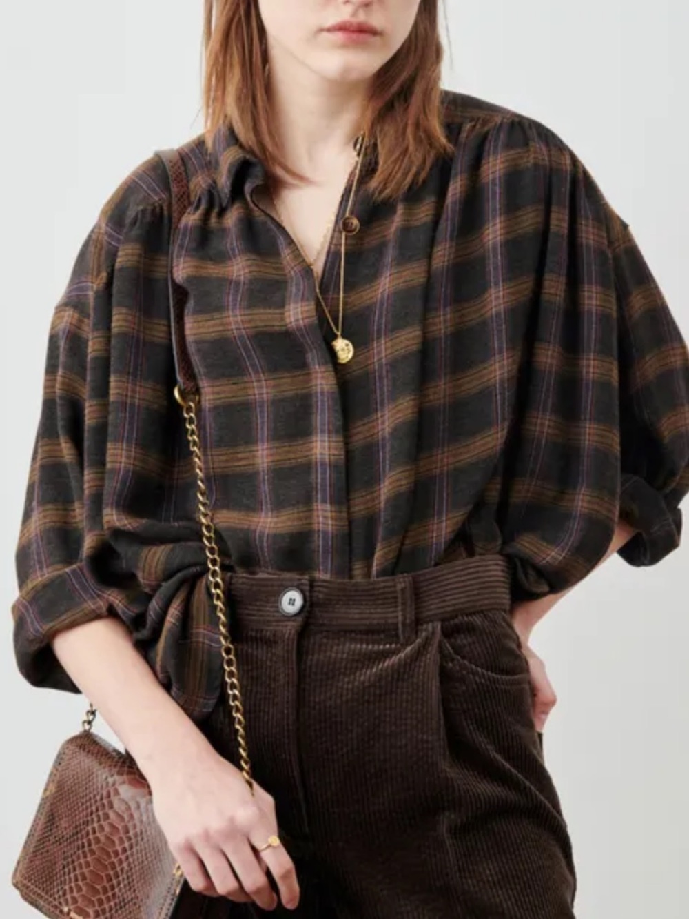 SESS’UN LICATI BROWN CHECKERED BUTTON DOWN RELAXED TAILORED SHIRT SIZE S-M